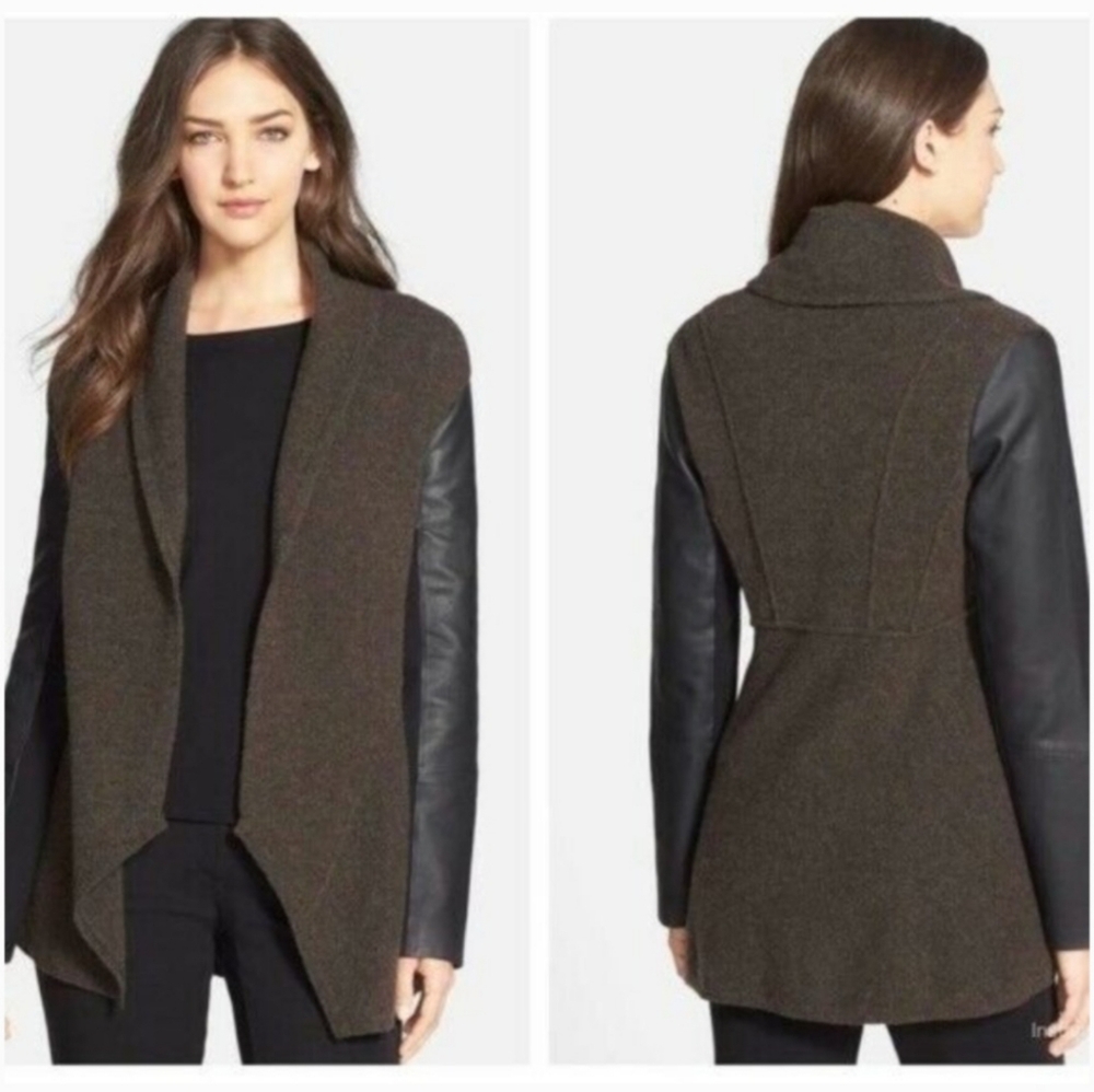Eileen Fisher Leather Wool Silk Cardigan Open Drape Gray Black Size‎ XS Jacket
